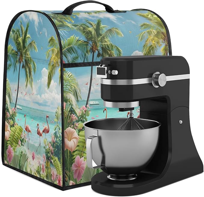 Kitchen Aid Mixer Cover Summer Flamingo Beach Flowers Stand Mixer Cover Compatible with 6-8 Quarts Stand Mixers, Dust Covers with Zipper Pocket Foldable Washable Kitchen Aid Organizer Bag