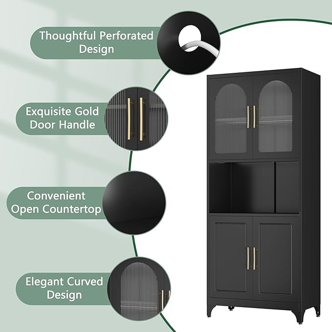 75" Metal Kitchen Pantry Storage Cabinet,Kitchen Hutch Food Pantry Cabinet with Microwave Stand,Freestanding Larder Cupboard with Doors and Adjustable Shelves for Bathroom