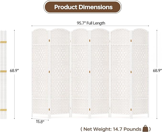 Duraspace 6 Panels Room Divider 6 FT Tall Weave Fiber Privacy Screen Freestanding Double Hinged Folding Screen Extra Wide Room Dividers for Patio Privacy (Off White)