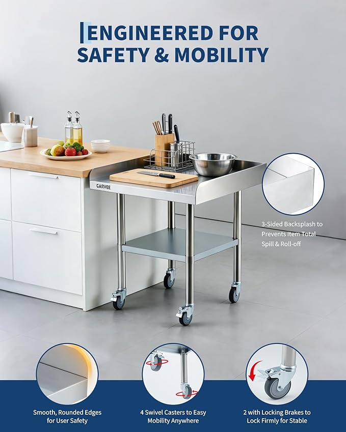 Garvee Stainless Steel Work Table, 24x30x26 Inch Commercial Food Prep Worktable with Wheels, Fixed 3-Sided Backsplash & Height-Adjustable Shelf, Heavy Duty Workbench for Kitchen Restaurant Garage