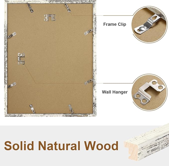 Vittanly 11x14 Picture Frame, Solid Wood Frame with Plexiglass, Includes 8x10 Mat, Wall Hanging for Photos, Home Decor, Distressed White, 1 Pack