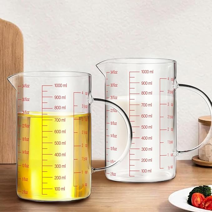 WhiteRhino 4Cup/1000ML Glass Liquid Measuring Cup With Handle,High Borosilicate Glass Three Scales (OZ, Cup, ML/CC) for Kitchen or Restaurant, V-Shaped Spout Glass Measuring Beaker,Easy To Read(34oz)