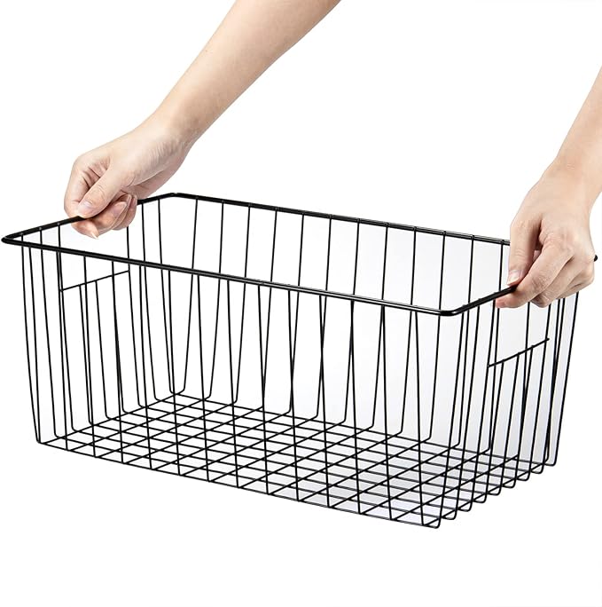16inch Freezer Wire Storage Organizer Baskets, Household Refrigerator Bin with Built-in Handles for Cabinet, Pantry, Closet, Bedroom