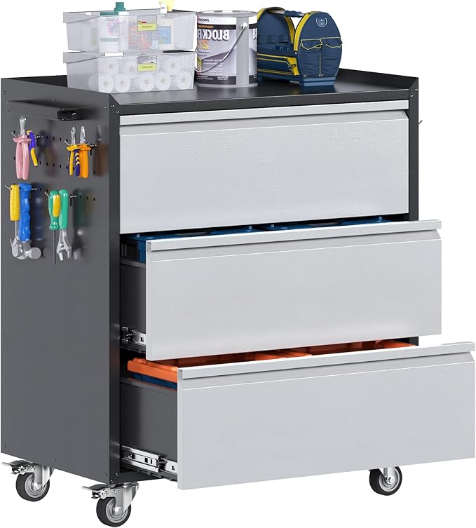 Aobabo Garage Storage Cabinet with 3 Drawers and 4 Hooks,Metal Storage Cabinet with Wheels for Garage Home,Required Assembly,Black&Silver,18.11" D x 30.3" W x 35.4" H