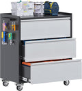 Aobabo Garage Storage Cabinet with 3 Drawers and 4 Hooks,Metal Storage Cabinet with Wheels for Garage Home,Required Assembly,Black&Silver,18.11" D x 30.3" W x 35.4" H