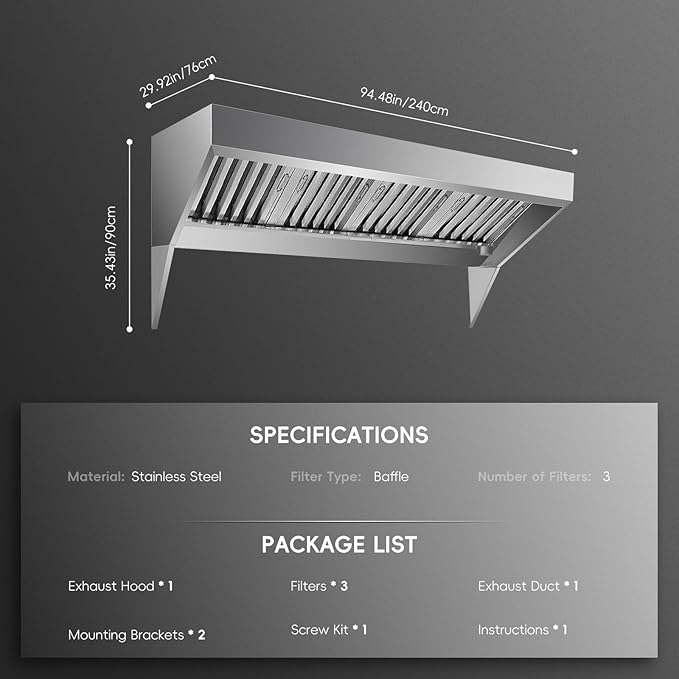 8FT Commercial Kitchen Exhaust Hood, Wall Mount Stainless Steel Vent Hood with Detachable u-Shaped Grease Filters, Rust-Resistant Restaurant Range Hood for Food Truck Cooking Station Concession Traile