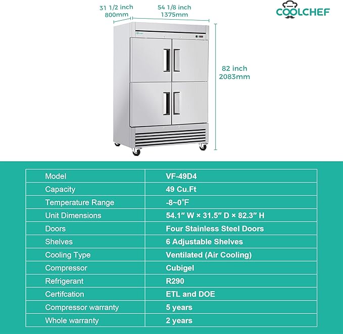 COOLCHEF 54"Commercial Freezer, 49 Cu.Ft Four-Door Stainless Steel Reach-In Freezer, -8~0℉, Air Cooling, 6 Shelves, R290