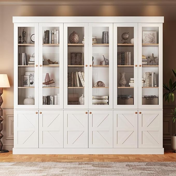 Vyre 71" Tall Farmhouse Kitchen Pantry, Set of 3 Large Storage Cabinets with Glass Doors, Adjustable Shelves, Wood Versatile Hutch Cabinet for Living Room, Dining Room, Kitchen
