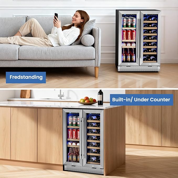 Wine and Beverage Refrigerator 24'', Dual Zone Wine Fridge Built in or Freestanding, Beverage Cooler with Glass Door holds 21 Bottles and 88 Cans, Upgrade Cooling Low Noise for Kitchen, Bar, Office