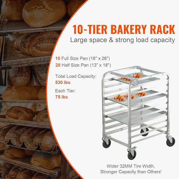 VEVOR 10-Tier Bun Pan Rack, Aluminum Racking Trolley Storage with Brake Wheels, Commercial Bakery Racks for Half & Full Sheet, Speed Rack For Kitchen Home, Bread Baking Equipment, 26"L x 20.3"W x 39"H