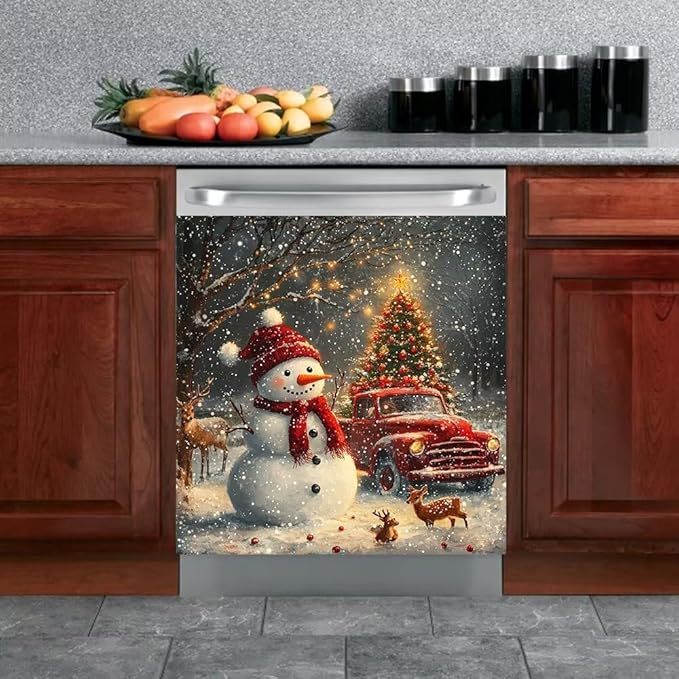 Christmas Snowman Dishwasher Magnet Cover, Winter Deer Dishwasher Cover Panel Decal for Front, Red Truck Magnetic Refrigerator Magnets Holiday Decor Kitchen Appliance Sticker, 26"x17"