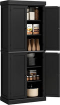 HOMCOM 72.5" Tall Kitchen Pantry Cabinet, Freestanding Modern Farmhouse Kitchen Storage Cabinet with 4 Doors and 2 Adjustable Shelves for Dining Room, Black