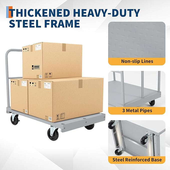 Steel Panel Truck Cart 36x24 inch, 2 in 1 Industrial Grade Platform Truck with 2200 LBS Capacity, Heavy Duty Drywall Dolly with 3 Removable Side Handrails & Swivel Wheels