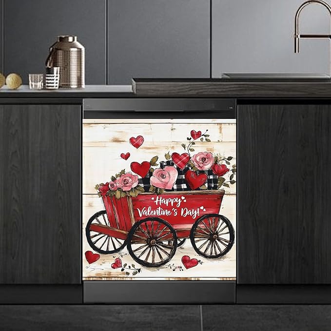 Happy Valentine's Day Dishwasher Magnet Cover,Rustic Red Wagon Floral Magnetic Dishwasher Cover Vinyl Sticker,Roses Fridge Door Cover Magnets Art Skin Panel Decal,Home Decor Decal,23"X26"
