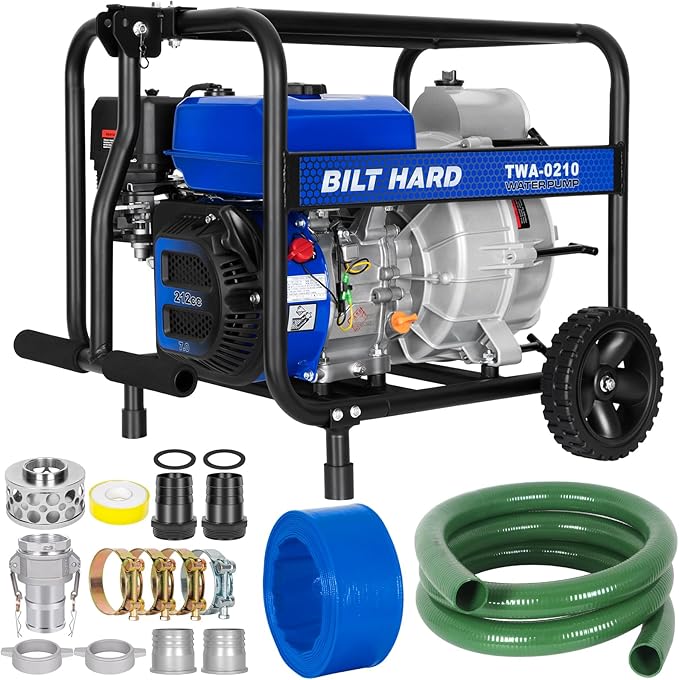 BILT HARD 3 Inch Trash Pump, 290 GPM 7HP Gas Powered Water Pump, 212cc 4-Cycle Engine with Handle and Wheels, 50 ft Discharge Hose, 15 ft Suction Hose with Complete Fittings, EPA Certified