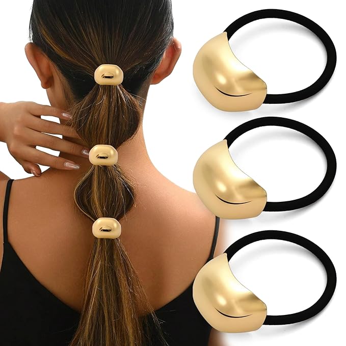 3PCS Gold Hair Ties, Metal Hair Ties for Thick Hair, Elegant Durable Geometric Design, Gold Hair Accessories for Women Stretchy and Non-Damage Ponytail Cuff Holders