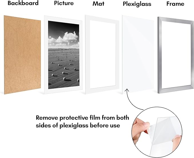 Americanflat 11x17 Picture Frame with Polished Plexiglass - Set of 5 - Use as 9x15 Frame with Mat or Display 11x17 Photo Without Mat - Galleria Collection - Picture Frames for Wall Display - Silver