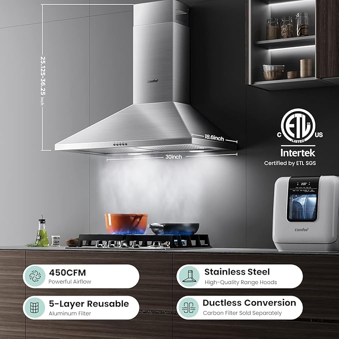 COMFEE' CVP30W6AST Ducted Pyramid Range 450 CFM Stainless Steel Wall Mount Vent Hood with 3 Speed Exhaust Fan, 5-Layer Aluminum Permanent Filters, Two LED Lights, Convertible to Ductless, 30 inches