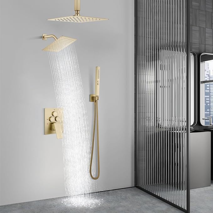 Aolemi Shower Faucet Set Ceiling Mount Shower System Rough-in Valve and Shower Trim Kit 2 in 1 Handheld Spray Push Button Diverter 10 and 6 Inch Dual Shower Head Brushed Gold