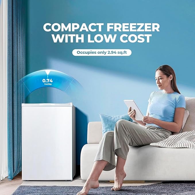 3.2 Cu.ft Small Freezer, Mini Upright Freezer with Adjustable Thermostat, Removable Shelves, Reversible Single Door, for Bedroom/Home/Dorms/Apartment (White)
