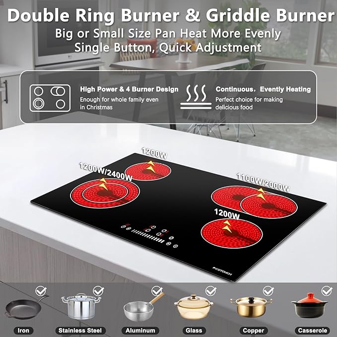 Electric Cooktop 30 inch, ECOTOUCH Built-in Electric Cooktop 4 Burner Stove Top, Radiant Cooktops Stovetop with Kid Safety Lock, Timer, 9 Heating Level, 6800W, 220-240V for Hard Wire(No Plug)