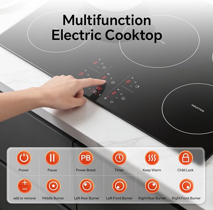 Ranein Induction Cooktop 30 Inch, Build-in 5 Burners Electric Stove Top, 9 Power Settings, Max 9200W, Sensor-Control Induction Hob with Multiple Safety Protections, Compatible with Magnetic Cookers
