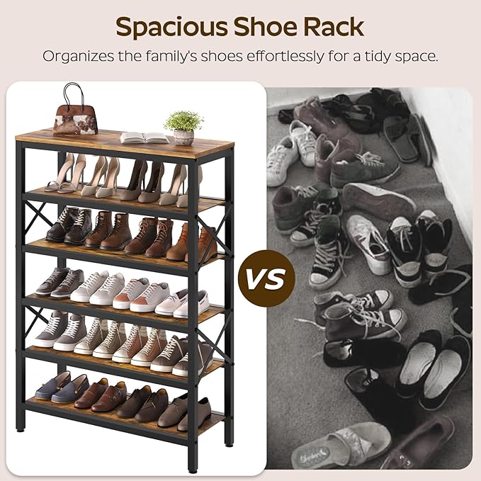 6-Tier Tall Shoe Rack Organizer, Wooden Shoe Storage for Closet Holds 24 Pairs, Sturdy Shoe Shelf with X-Shaped Metal Support, for Entryway, Bedroom, Rustic Brown and Black SS206BR