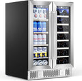 Dual Zone Wine Cooler with Glass Door, 21 Bottles and 88 Cans Wine and Beverage Refrigerator, 4.4 cu.Ft 24 Inch Built in or Under Counter Wine Fridge with LED Light, Two Door Lock
