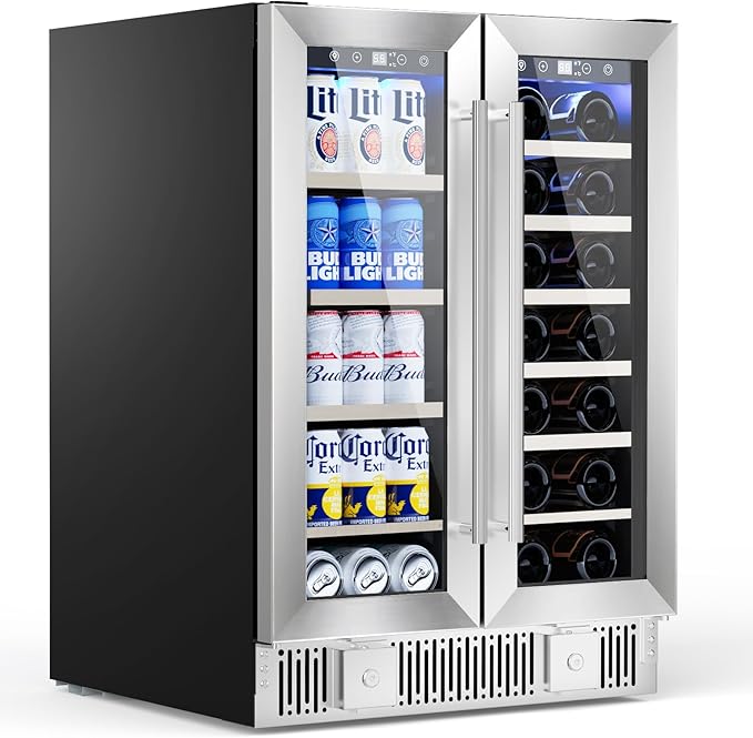 Dual Zone Wine Cooler with Glass Door, 21 Bottles and 88 Cans Wine and Beverage Refrigerator, 4.4 cu.Ft 24 Inch Built in or Under Counter Wine Fridge with LED Light, Two Door Lock