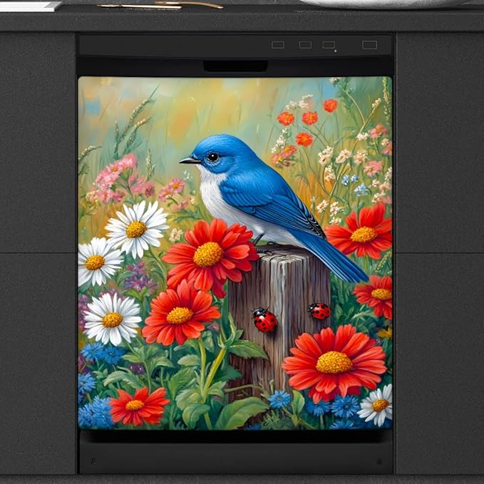Spring Flowers Birds Dishwasher Magnet Cover Front Dishwasher Cover Decor Reusable Magnetic Door Cover Panel Decal Home Appliances Stickers Kitchen Refrigerator Fridge 23"x26"