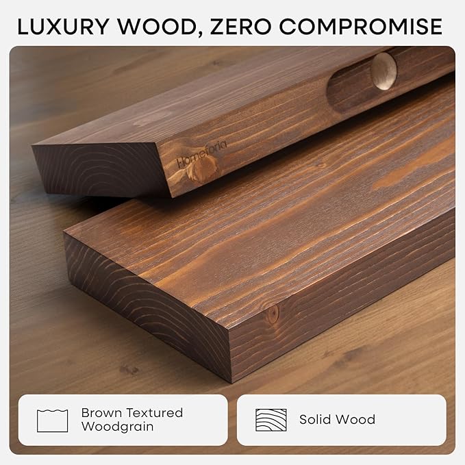Homeforia Classic Walnut 60 inch Floating Shelf, High End Solid Real Wood Small 60inch Floating Shelves for Wall Mounted, 60in Floating Shelves, Heavy Duty Bracket, 60 X 6.5 X 1.75 inches, Set of 3