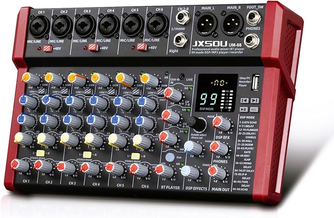 10-Channel Audio Mixer,DJ Mixer, Sound Board Console with 99 DSP Effects, Bluetooth Mixer Input 48V Phantom Power Stereo USB XLR Mixer For Karaoke Studio PC Recording