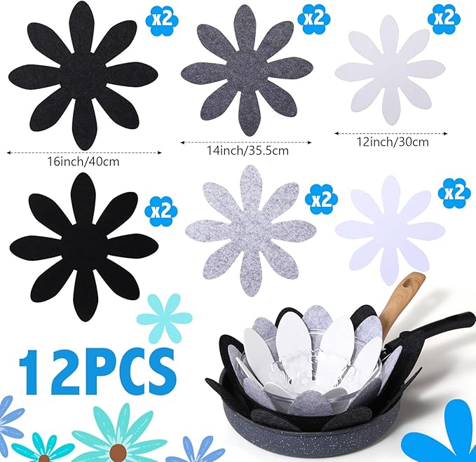 Queekay 12 Pcs Felt Pot and Pan Protectors 12/14/16 Inch Larger Thicker Pan Protector Pads, Colorful Pot Separators for Stacking Cookware Organizing Protecting(Black Gray)