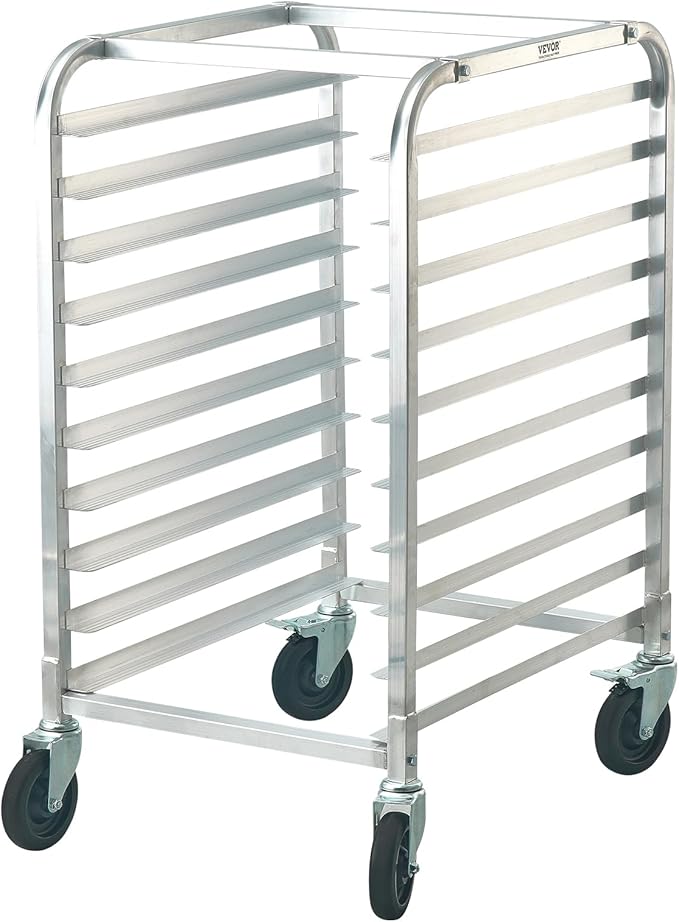 VEVOR 10-Tier Bun Pan Rack, Aluminum Racking Trolley Storage with Brake Wheels, Commercial Bakery Racks for Half & Full Sheet, Speed Rack For Kitchen Home, Bread Baking Equipment, 26"L x 20.3"W x 39"H