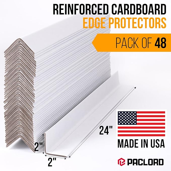 24" x 2" x 2" Reinforced Cardboard Edge Protectors, White (Pack of 48) – 0.12" Thick Medium-Duty Cardboard Corner Protectors for Shipping – American Quality V-Board Pallet Edge Protectors
