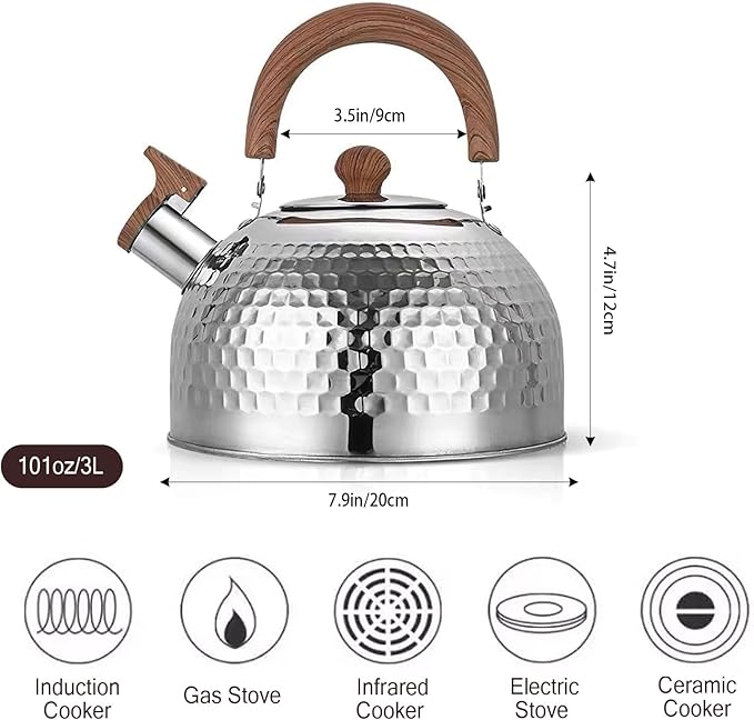 Tea Kettle, Food Grade Stainless Steel with Wood Pattern Folding Handle, Whistling Kettle for Induction, Gas, and Electric Stovetops (3 liters)