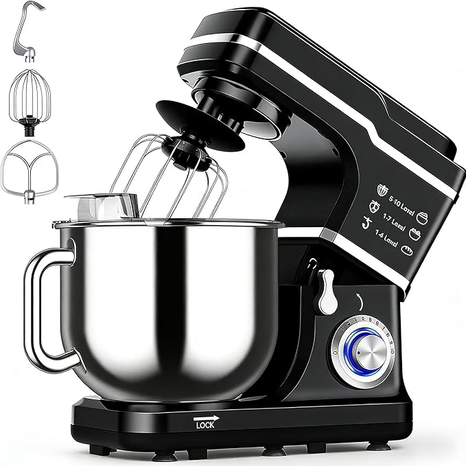 7.5QT Stand Mixer, 660W Powerful Electric Dough Mixer, 10-Speed Tilt-Head Kitchen Mixer with Stainless Steel Bowl, Whisk, Dough Hook, Beater, Splash Guard, Easy Clean, for Baking & Cooking