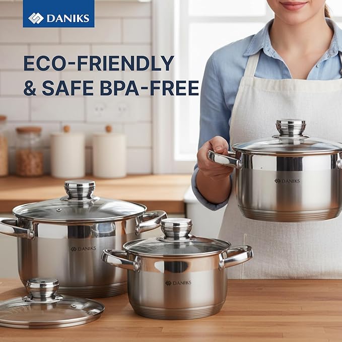 Daniks Standard 6-Piece Stainless Steel Cookware set with Glass Lid, Try-Ply Bases for Even Heating, Induction Compatible, Dishwasher Safe, Built-In Measuring Scale, Silver