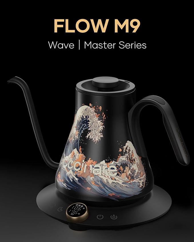 Cocinare FLOW M9 Electric Gooseneck Kettle, ±1℉ Temperature Control for Pour-over Coffee & Tea, Stainless Steel Interior, Quick Heating for Boiling Water (Wave)