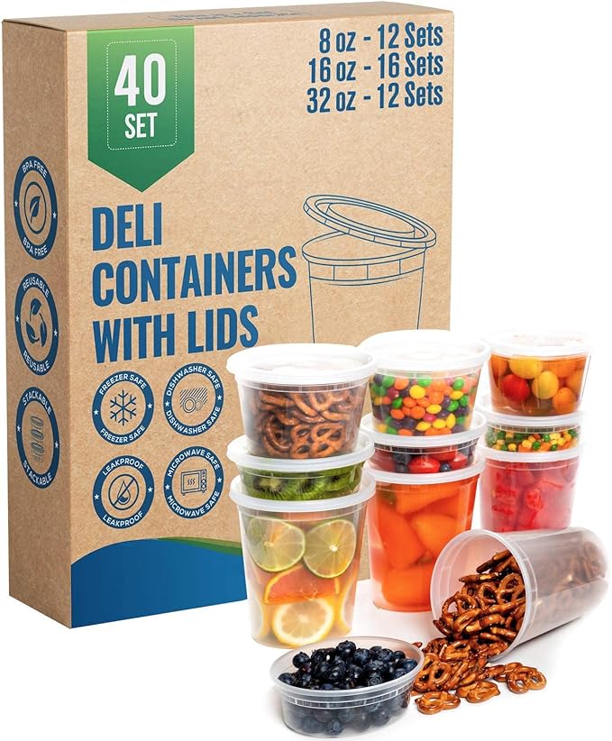 SafeWare Deli Containers with Airtight Lids 40 Set (8oz-12, 16oz-16, 32oz-12 Set) Perfect for Slime, Portion Control, Microwavable, Dishwasher, Freezer Safe, Leakproof, Stackable