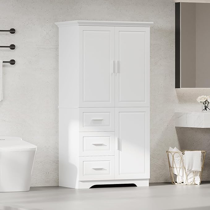Storage Cabinet with Three Drawers and Doors, Wide Pantry Cupboard for Kitchen, Living Room and Bathroom, Adjustable Shelf, White