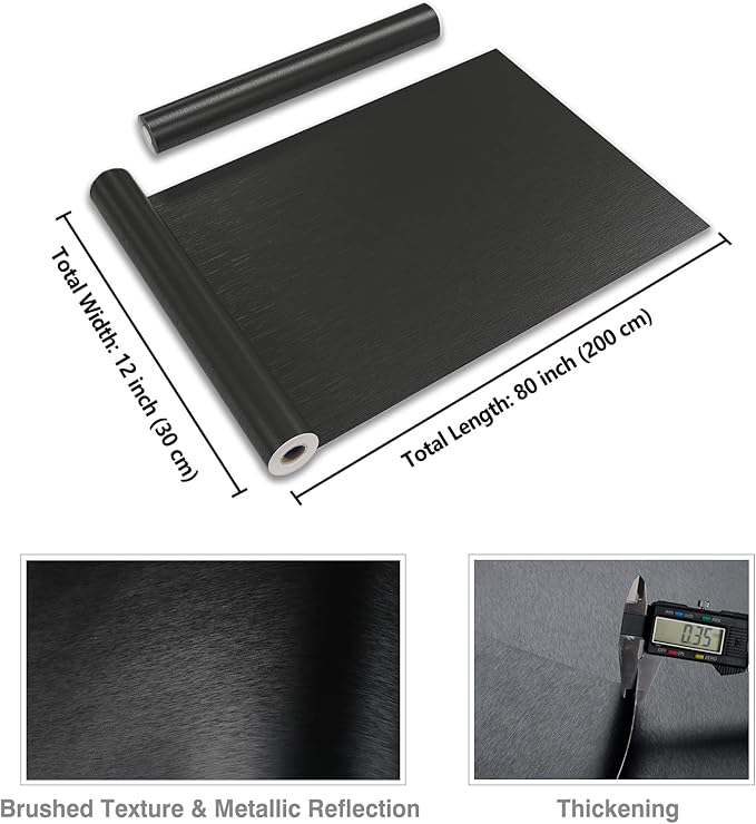CRE8TIVE Thick Black Stainless Steel Contact Paper for Appliances Brushed Metallic Black Wallpaper Peel and Stick Heat Resistant Removable Wallpaper for Kitchen Dishwasher Fridge Oven Cabinets 12"x80"