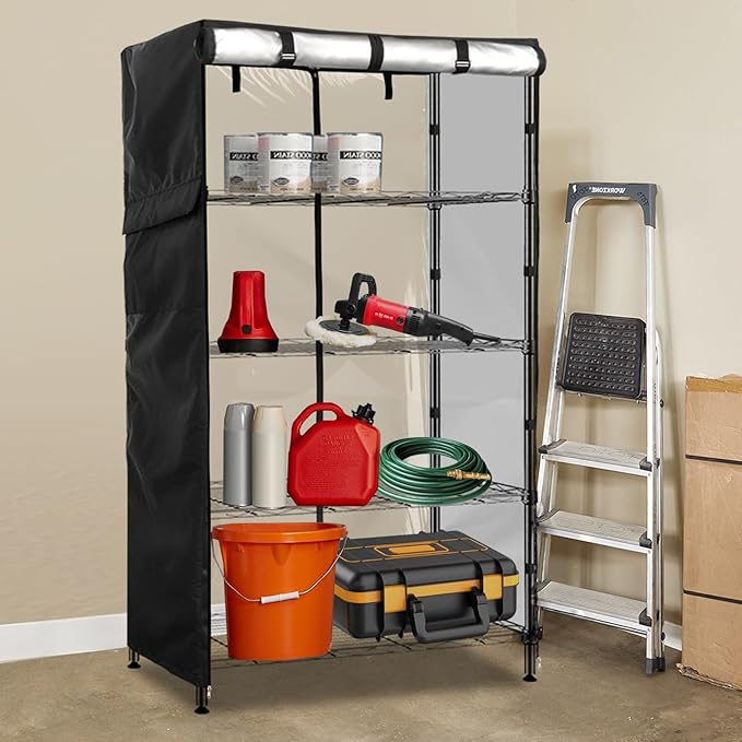 Wire Shelf Cover,600D Heavy Duty 100% Waterproof Shelf Covers for Wire Shelving,Outdoor Storage Shelves Cover for Metal Rack,48" W x 24" D x 72" H,Black with Clear Front