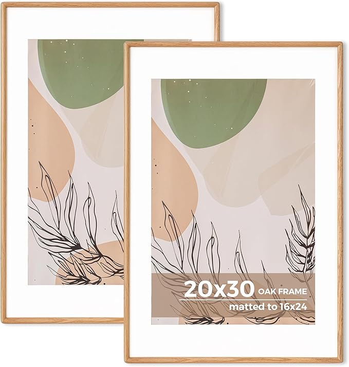 Axeman 20x30 Oak Frame Set of 2 - Rounded Corner 20 x 30 Poster Frame Matted to 16x24 - Natural Oak Wood Picture Frame with Tempered Glass for Wall Mount Display