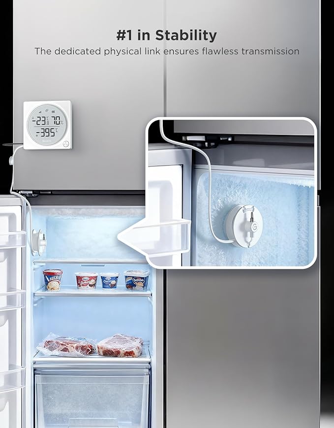 GoveeLife Upgraded WiFi Freezer Temperature Pro with Alarm, Wireless Digital Refrigerator Thermometer Hygrometer with App Email Notification, LCD Display, Free Data Export, for Fridge Kitchen Farming