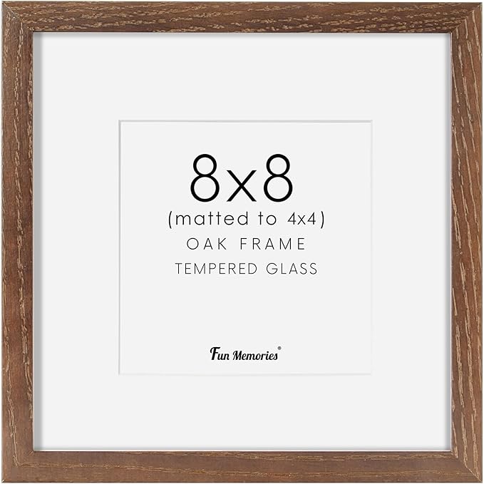 Fun Memories 8x8 Square Picture Frame, Solid Oak Wood 8"x8" Photo Frames - Real Tempered Glass, 8x8 Frame with Stand for Tabletop Display, 8 x 8 Wood Frame for Wall (Walnut Color, 1 Pack)