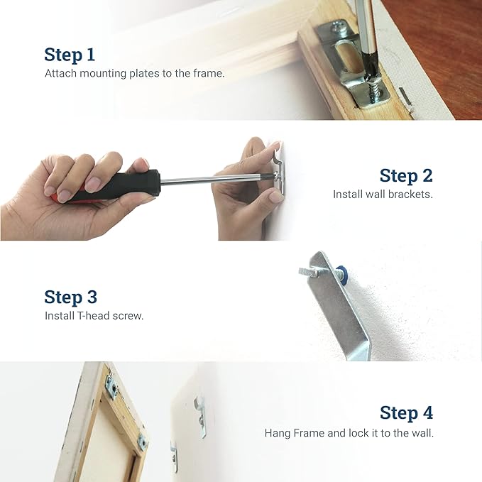 Frame Lock Security Hanging Kits with T-Head Screws - Anti-Theft Security Lock Hangers for Art in Museums, Art Galleries, Hotels and Restaurant - Supports Up to 15 Pounds - Hangs 100 Pictures