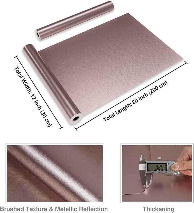 CRE8TIVE 12"x80" Rose Gold Stainless Steel Contact Paper for Kitchen Wallpaper Peel and Stick Brushed Metallic Wallpaper Heat Resistant Self Adhesive Metal Vinyl for Appliance Dishwasher Fridge Covers