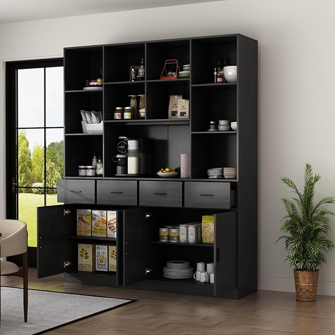 MOUMON Pantry Storage Cabinet with 4 Drawers & 4 Doors, Large Kitchen Pantry Cabinet with Shelves, Hutch Storage for Kitchen Living Room Hallway, Black, 15.7”D x 63”W x 78.7”H