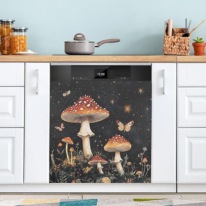 Mushroom Fall Butterfly Dark Dishwasher Magnet Cover Front Door Magnetic Dishwasher Cover Decorative Refrigerator Magnet Covers Appliances Stickers for Kitchen Home Decor, 23" x 26"
